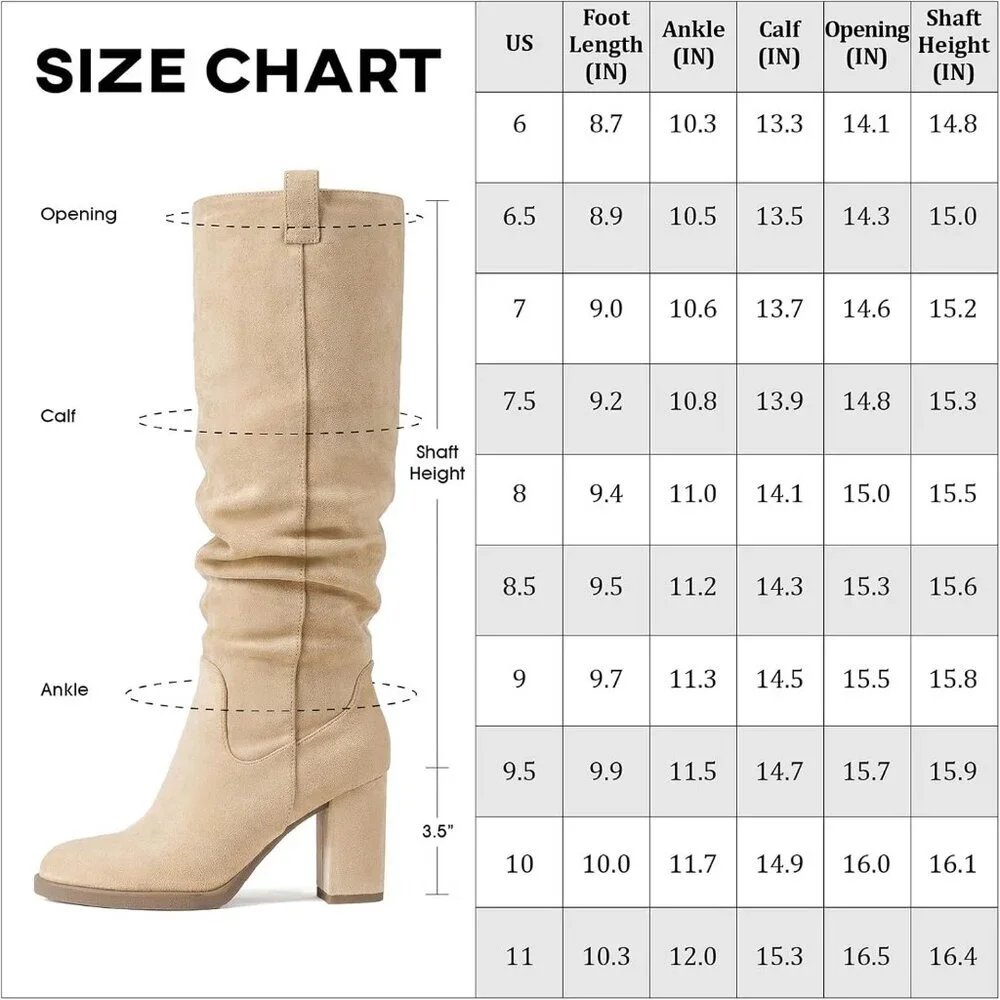 Women's Beige Tall Chunky High Heel Side Zipper Knee High Boots With Party